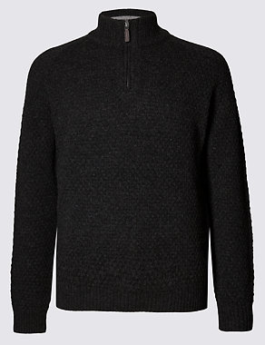 Wool Rich Bobble Stitch Zipped Neck Textured Jumper Image 2 of 4