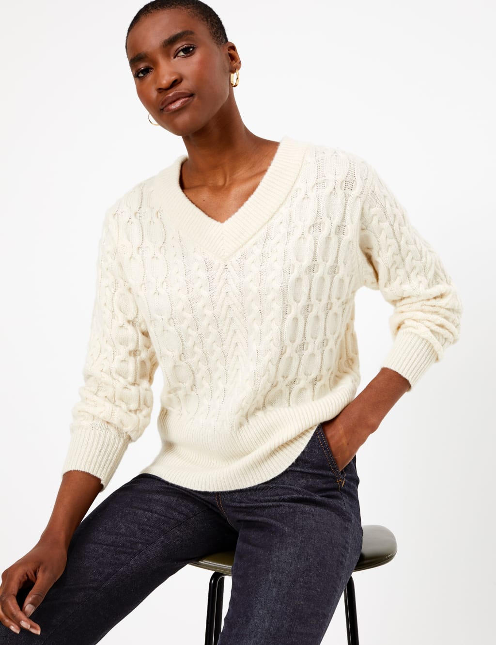 Cable Knit V-Neck Jumper, SOSANDAR