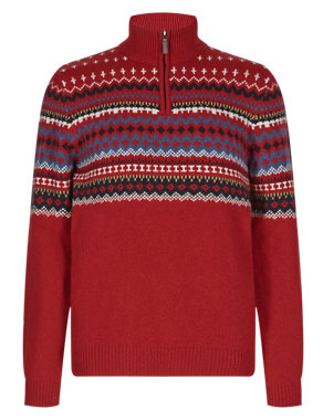 Wool Rich Placement Fair Isle Zip Neck Jumper Image 2 of 3