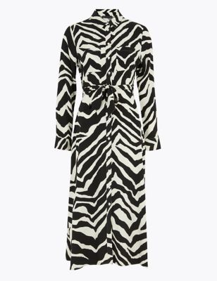 Zebra Print Belted Midi Shirt Dress Image 2 of 4