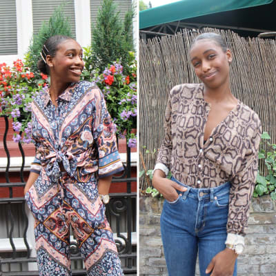 M&S Insider Dominique wearing printed shirt and trousers, and snakeskin cashmere cardigan