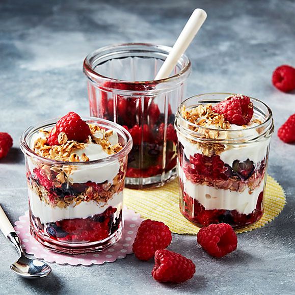 Two rasp-brekkie pots and a jar of berry compote