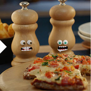 A meat’zza pizza with our salt and pepper pot characters
