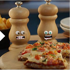 A meat’zza pizza with our salt and pepper pot characters