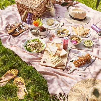 A picnic spread on a pink blanket in the park