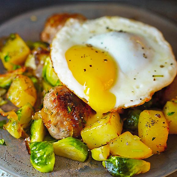 Sausage and sprout hash with a fried egg