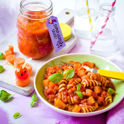Hidden veg pasta sauce with a bowl of pasta