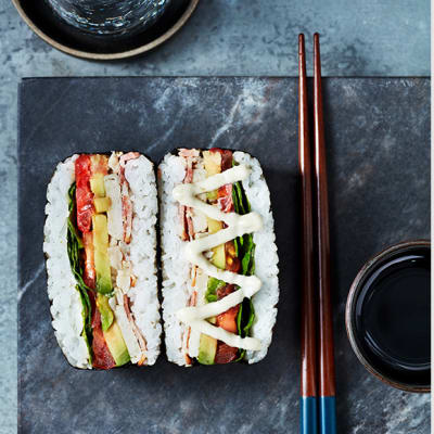 Chicken, bacon and avocado sushi sandwich