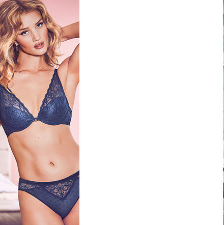Rosie Huntington-Whiteley wearing a navy lace-embroidered padded plunge bra and matching knickers from the Rosie for Autograph range