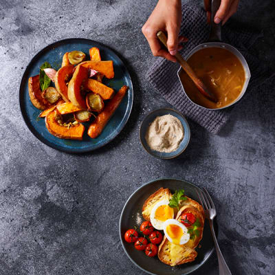 Roast vegetables, gravy and eggs with magic sprinkle
