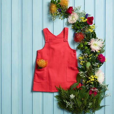 red denim pinafore dress