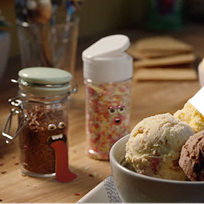 A bowl of Cornish ice-cream with our sprinkles characters