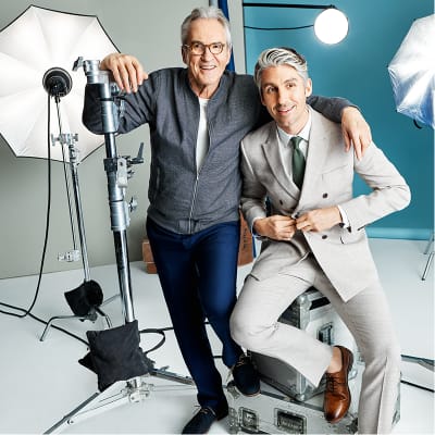 Larry Lamb wearing a linen bomber jacket and George Lamb wearing a linen suit